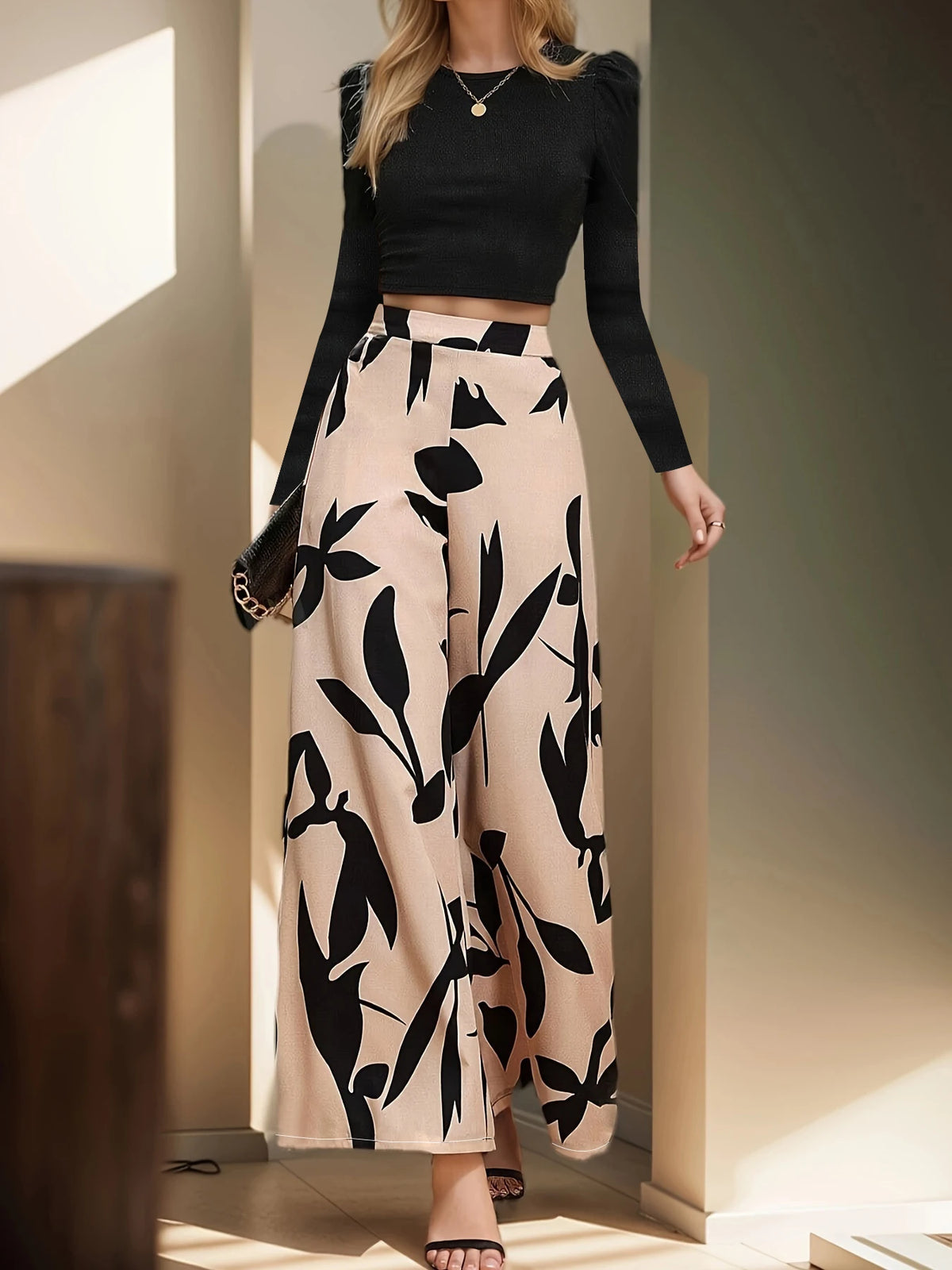 Women's High Waist Floral Print Wide-Leg Pants Loose Casual Long Pants Elegant Office Streetwear