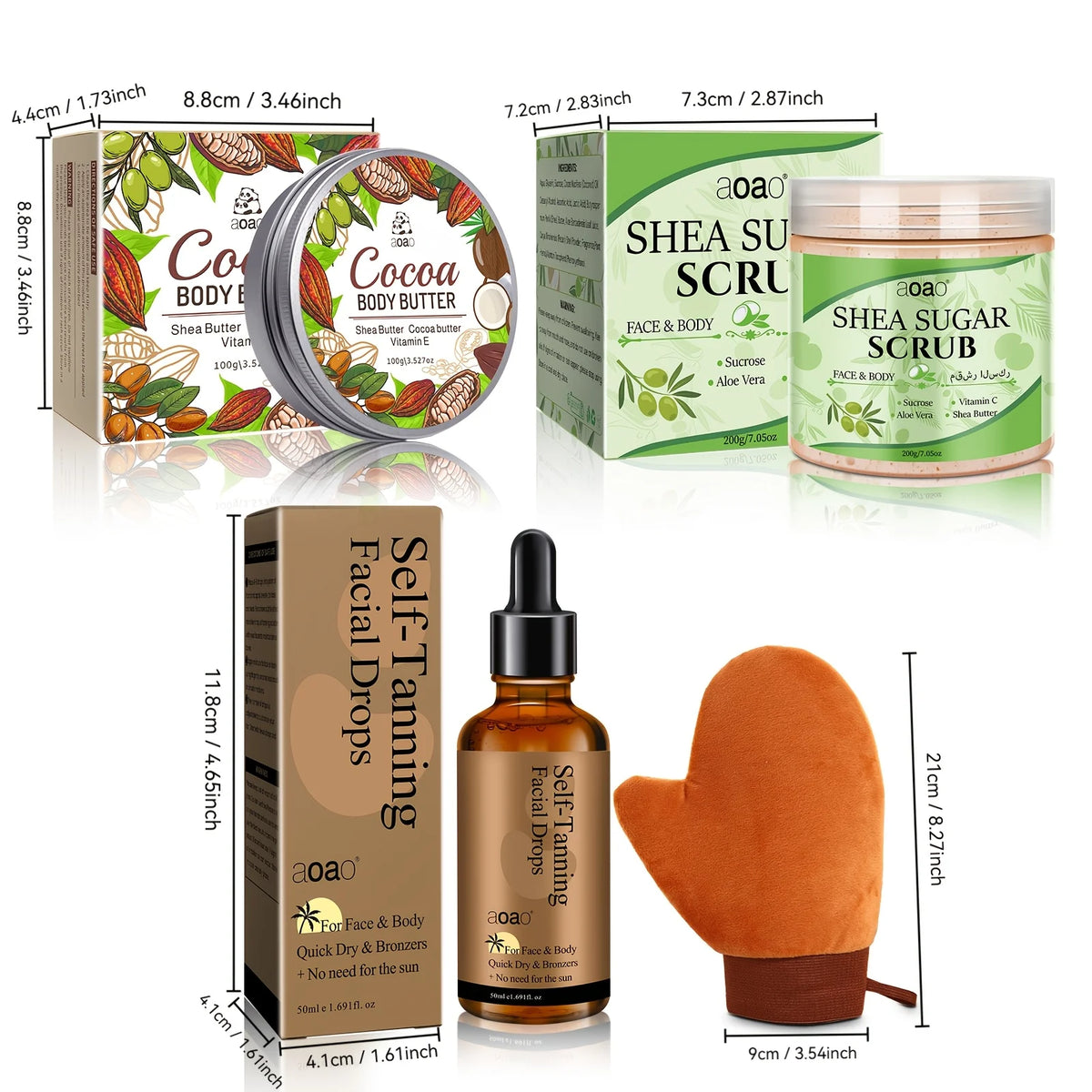 Firming Hydrating Body Scrub with Self-Tanning Serum Shea Butter Gloves Set for Natural Glow Skin Care
