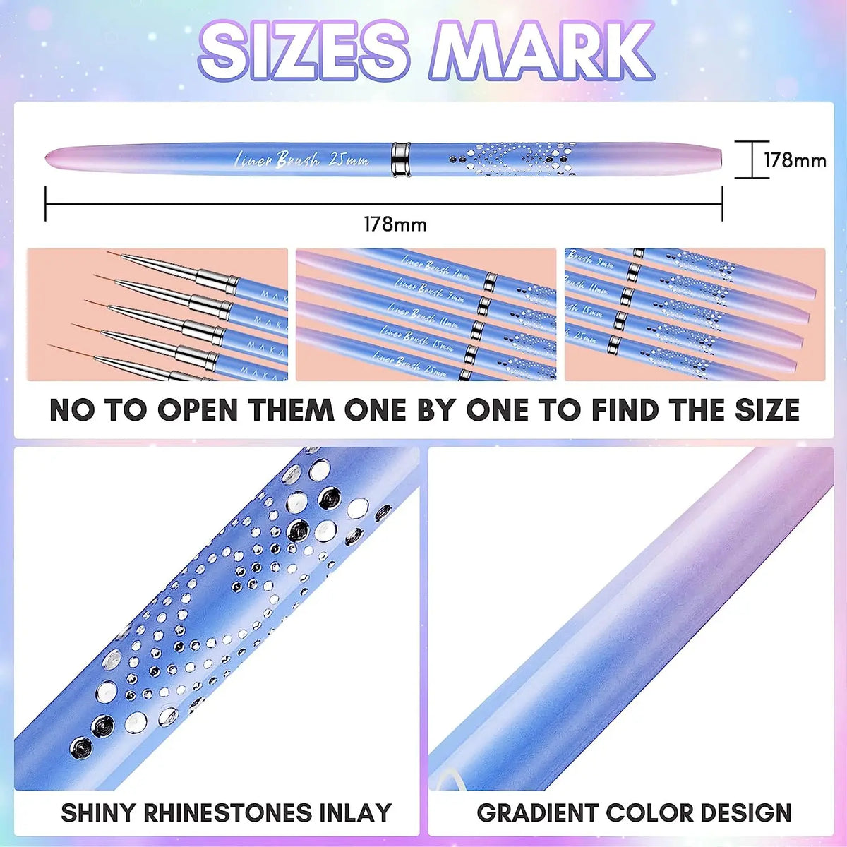Makartt Nail Art Liner Brushes, 5Pcs Fine Nail Art Brushes for Gel Polish Nail Design Tools for 3D Gel Nail Art French Tips