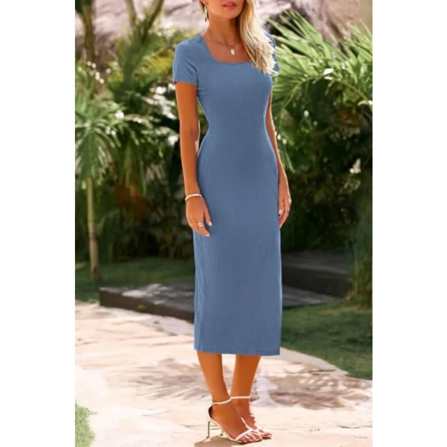 Casual Dresses for Women 2026 Summer Ribbed Short Sleeve Bodycon Maxi Dress Side Slit Knit Square Neck Long Sundress