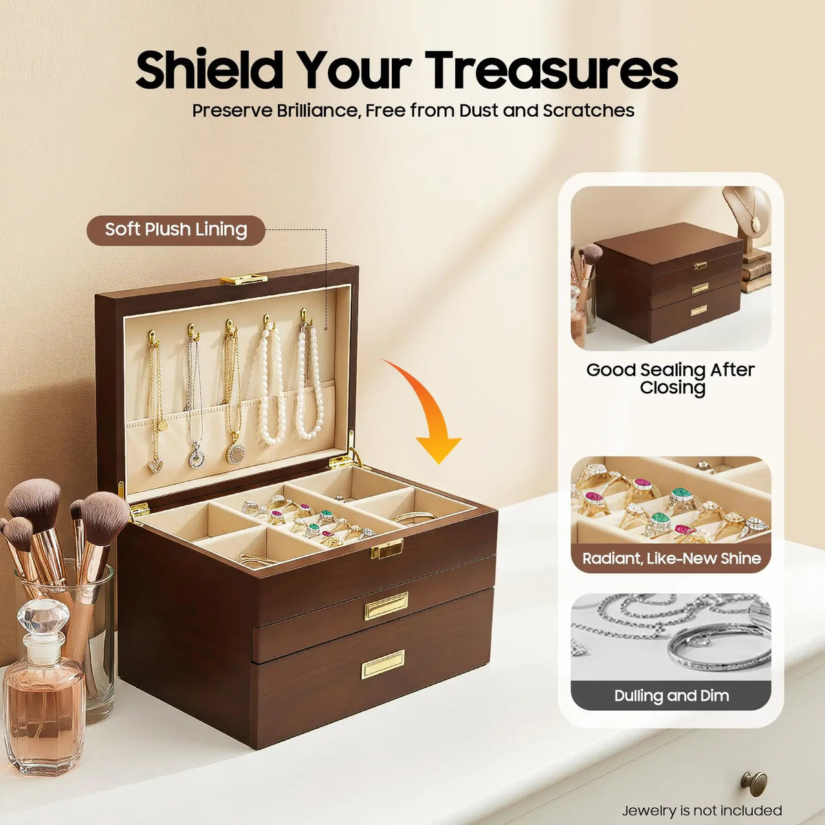 Three-Tier Wooden Jewelry Box with Drawers, Women's Ring, Necklace, Earring, and Bracelet Organizer Display Box (Black Walnut)
