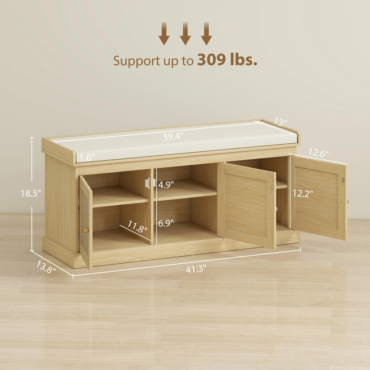 HOMCOM Shoe Bench with Woven Rattan Doors, Shoe Storage Bench with Cushion, Adjustable Shelves for 9 Pairs, Boho Style Entryway Bench for Bedroom, Living Room, 13.8 x 41.3 x 18.5 Inches, Oak Tone