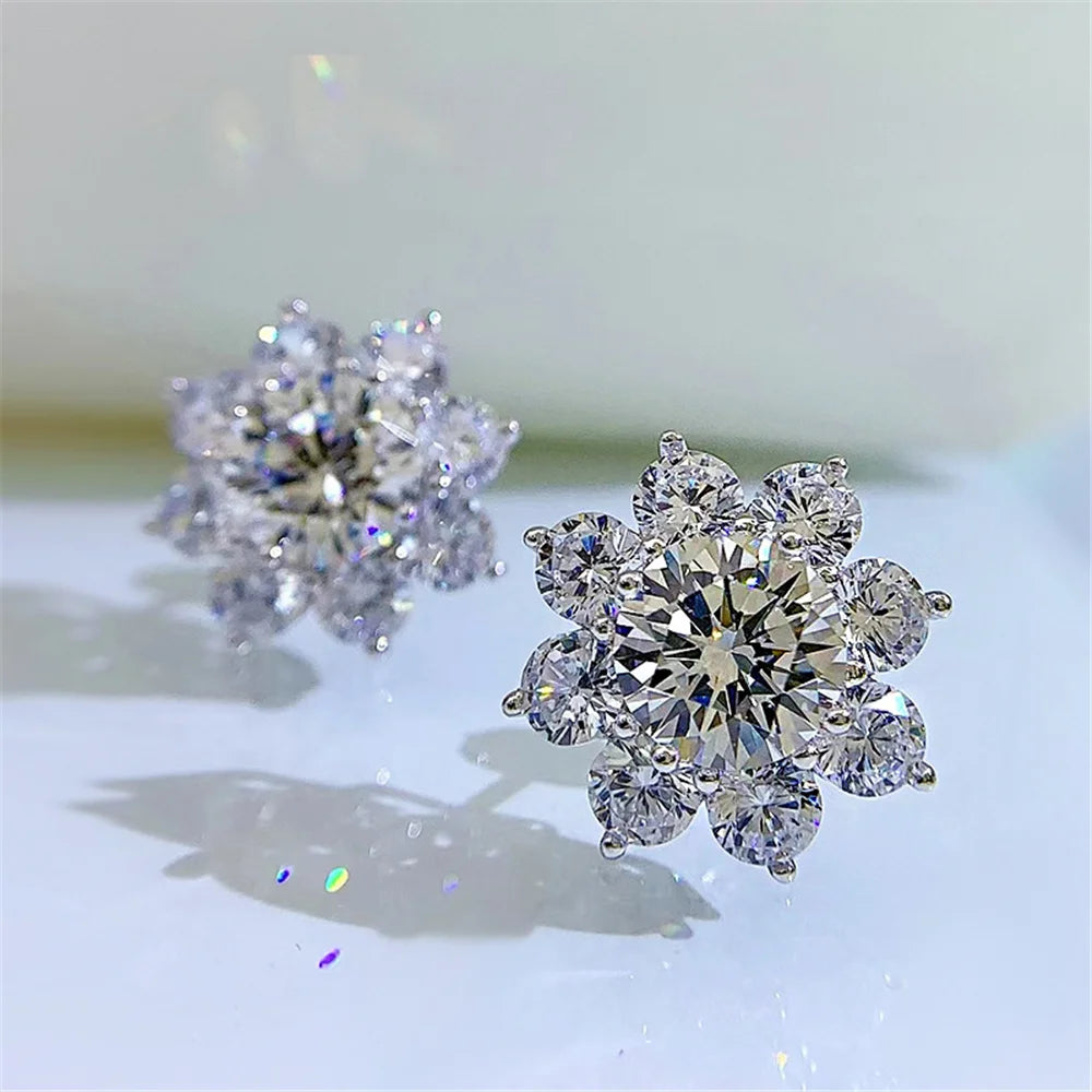 Cute Female Stone White Zircon Snowflake Stud Earrings Silver Color Wedding Jewelry For Women