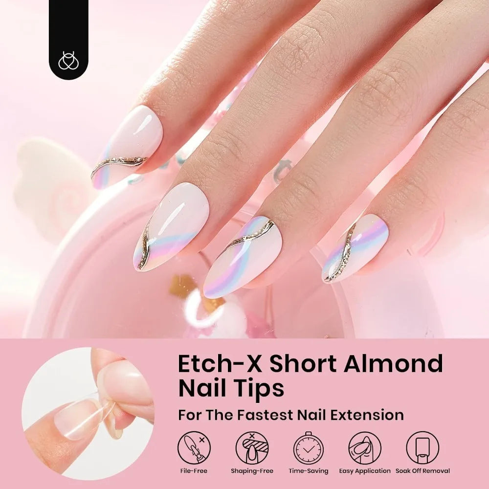 Pre-Etched Short Almond Soft Gel Nail Tips 288pcs Full Cover Acrylic Fake Nails Easy DIY Extension Press On Nails Salon Quality Nail Art Supplies 12 Sizes Gift for Women
