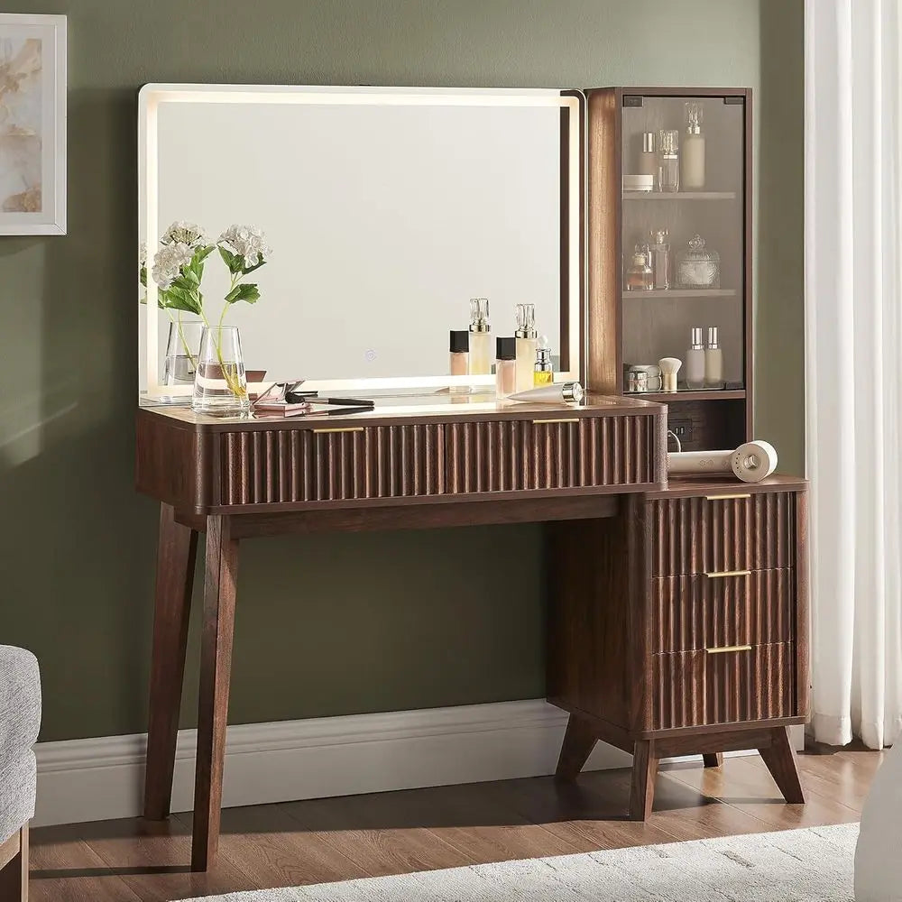 T4TREAM 48" luted Makeup Vanity Desk with Large 36" Mirror and Lights, ern Glass Top Big Vanity Table w/5 Ders & Adjustable Shel
