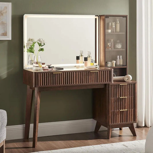 T4TREAM 48" luted Makeup Vanity Desk with Large 36" Mirror and Lights, ern Glass Top Big Vanity Table w/5 Ders & Adjustable Shel