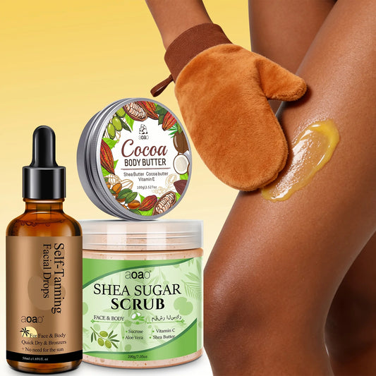 Firming Hydrating Body Scrub with Self-Tanning Serum Shea Butter Gloves Set for Natural Glow Skin Care