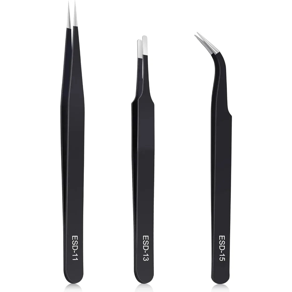 Professional Anti Static Tweezers Set of 3 Stainless Steel Precision Tools for Electronics Repair Soldering Jewelry Making Lab and Craft Projects
