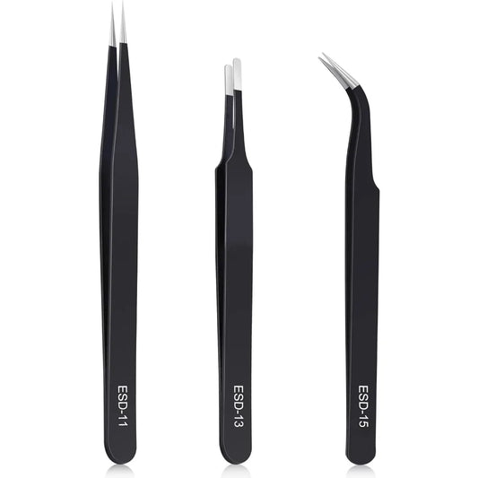 Professional Anti Static Tweezers Set of 3 Stainless Steel Precision Tools for Electronics Repair Soldering Jewelry Making Lab and Craft Projects
