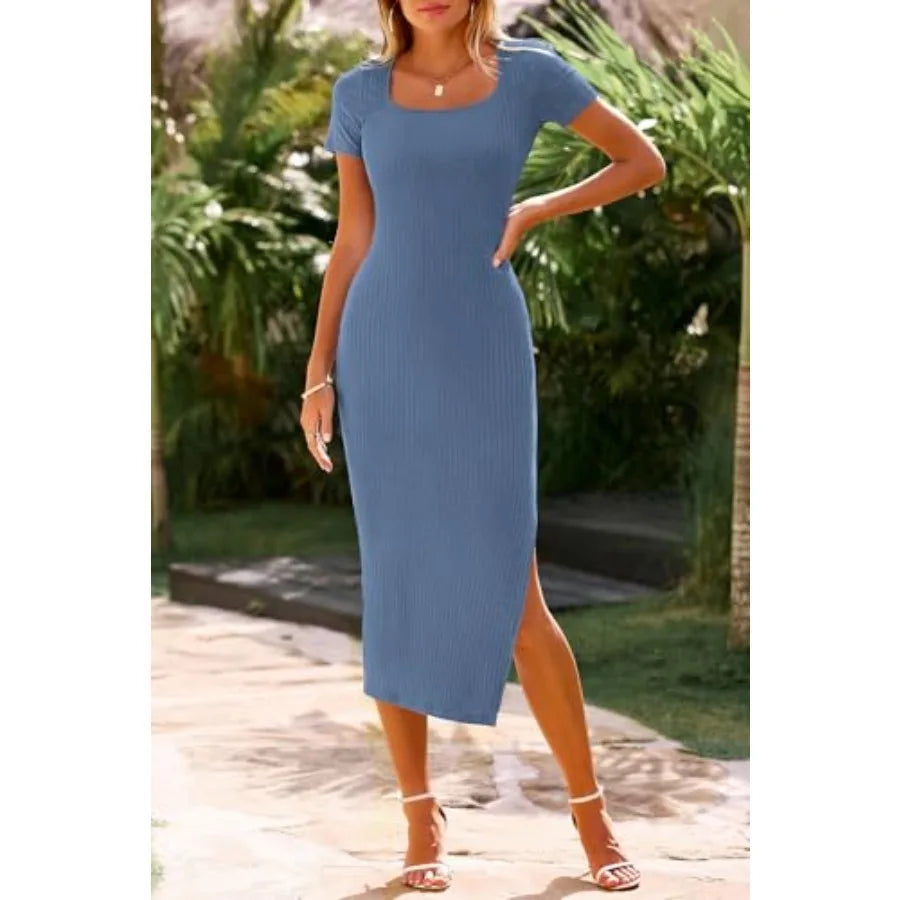 Casual Dresses for Women 2026 Summer Ribbed Short Sleeve Bodycon Maxi Dress Side Slit Knit Square Neck Long Sundress