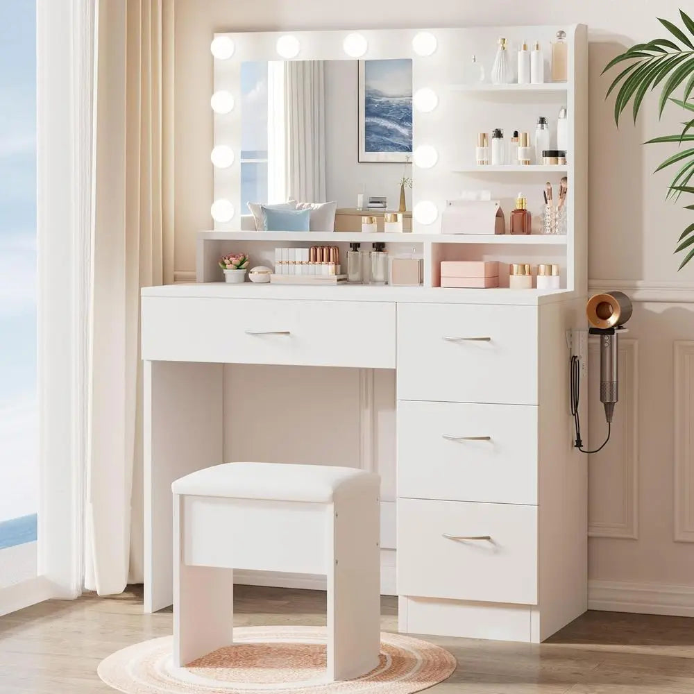 LIVELYGLOW White Makeup Vanity Desk with Charging Station & 4 Ders | 10 LED Bulbs, HD Mirror, Cushioned Stool, Hairdryer Rack