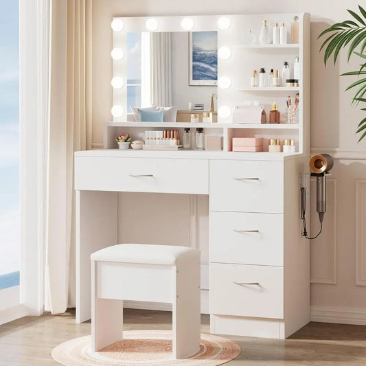 LIVELYGLOW White Makeup Vanity Desk with Charging Station & 4 Ders | 10 LED Bulbs, HD Mirror, Cushioned Stool, Hairdryer Rack