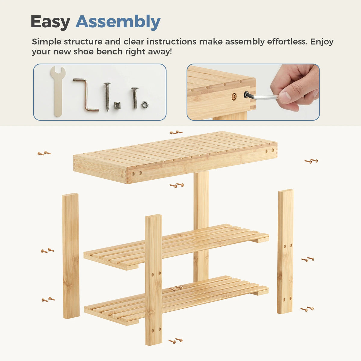 MCQ 3 Tier Wood Shoe Cabinet 27 Inches Bamboo Shoe Rack Storage Bench for Entryway 286 LBS Capacity For Entrance Living Room Bedroom