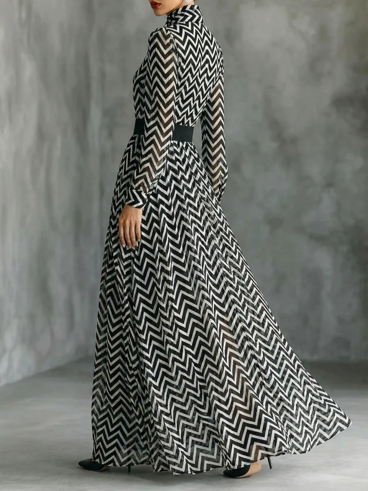 Chevron Print Stand Collar Maxi Dress For Women Long Puff Sleeve Self Belt Waist Side Pockets Flowy Hem Formal Party Shirt Dress