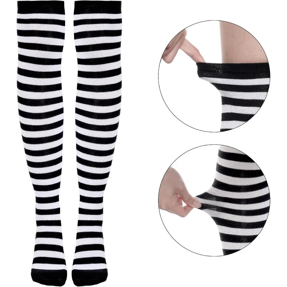 Tongcloud Women Striped Knit Thigh High Over Knee Socks Set, Stretchy Long Arm Warmers Fingerless Gloves, Soft Cotton Blend Costume Accessories for Halloween Cosplay Party Daily Outfit