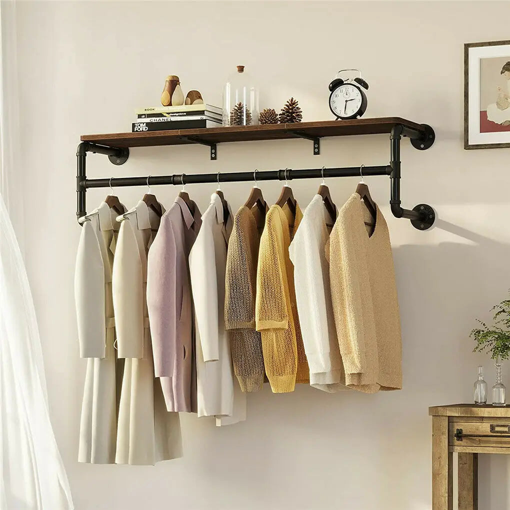 100cm Metal Pipe Clothes Rail Wall Mounted Garment Hanging Rack Wardorbe with Wood Shelf Space Saving for Bedroom Closet Rack