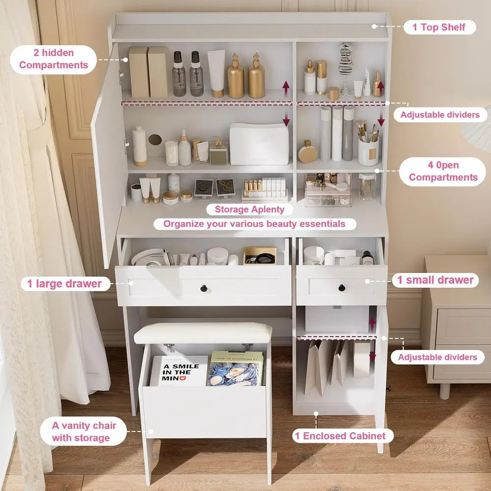 Vanity Table with Hidden Storage & LED Mirror - Includes Padded Stool, 5 Comparents, 2 Ders & 1 Storage Cabinet - Ideal Bedroom
