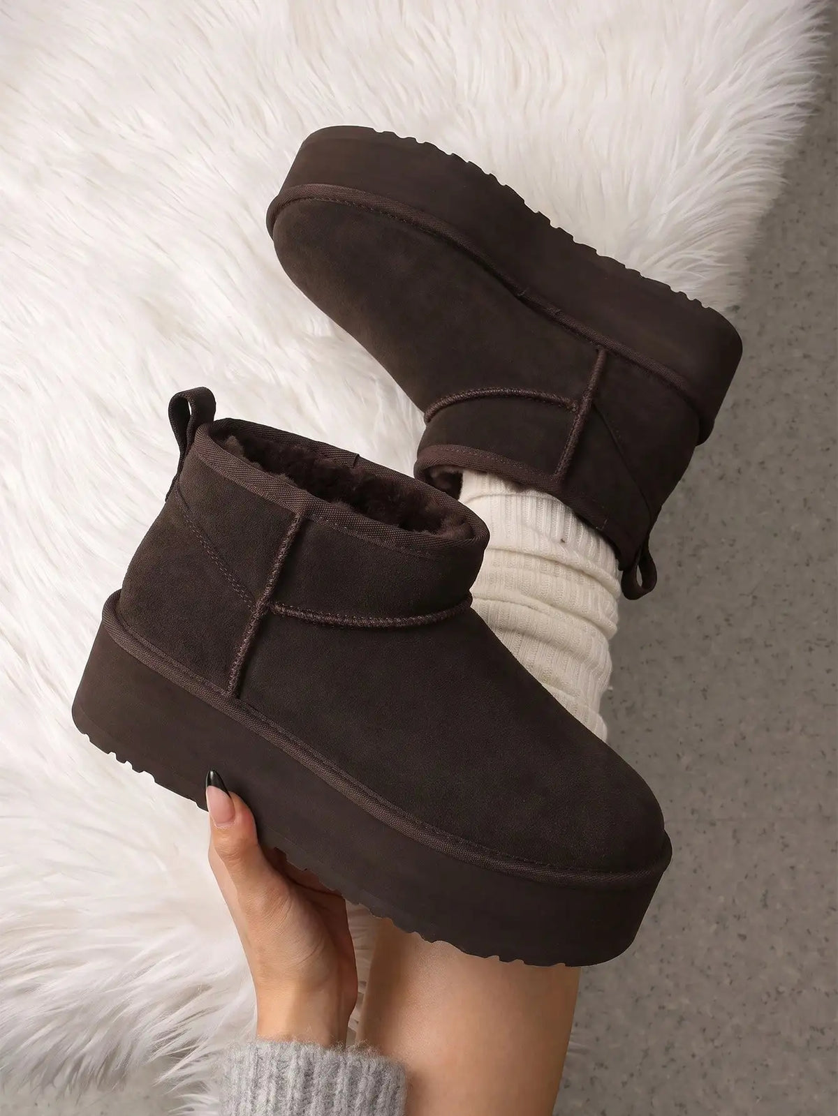 Women Furry Ankle Boots Genuine Leather 1.96-Inch Platform Winter Snow Boots Soft Suede Outdoor Street Commute Cozy Warm Fashion Boots Shoes