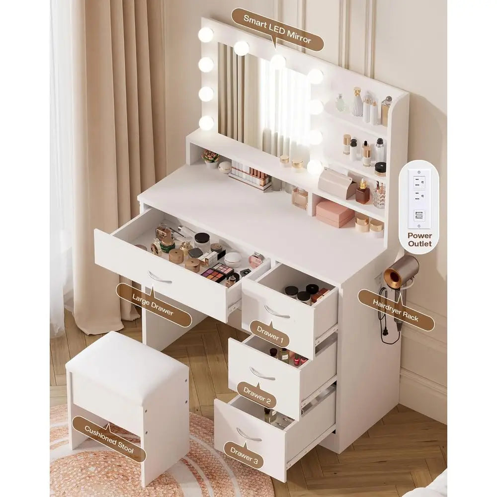 LIVELYGLOW White Makeup Vanity Desk with Charging Station & 4 Ders | 10 LED Bulbs, HD Mirror, Cushioned Stool, Hairdryer Rack