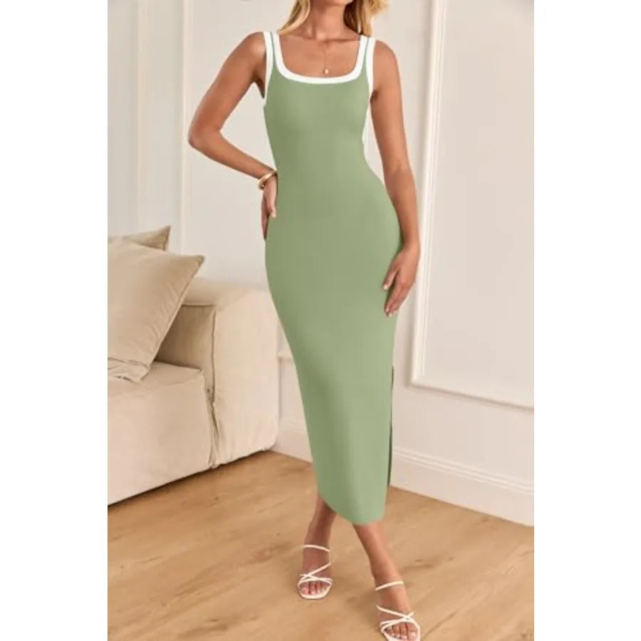 Women's 2026 Summer Bodycon Midi Dress Casual Sleeveless Square Neck Side Slit Knit Beach Vacation Long Dresses