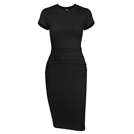 Women's Bodycon Ruched Short Sleeve T Shirt Midi Sundress Fitted Casual Dress
