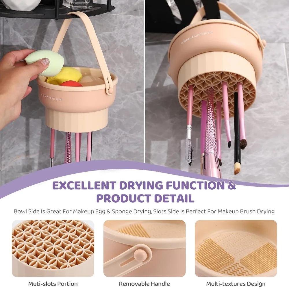 3 in 1 Silicone Makeup Brush Cleaner Mat with Washing Bowl Cosmetic Brushes Cleaning Tool Organizer for Storage and Drying Rack Khaki Color