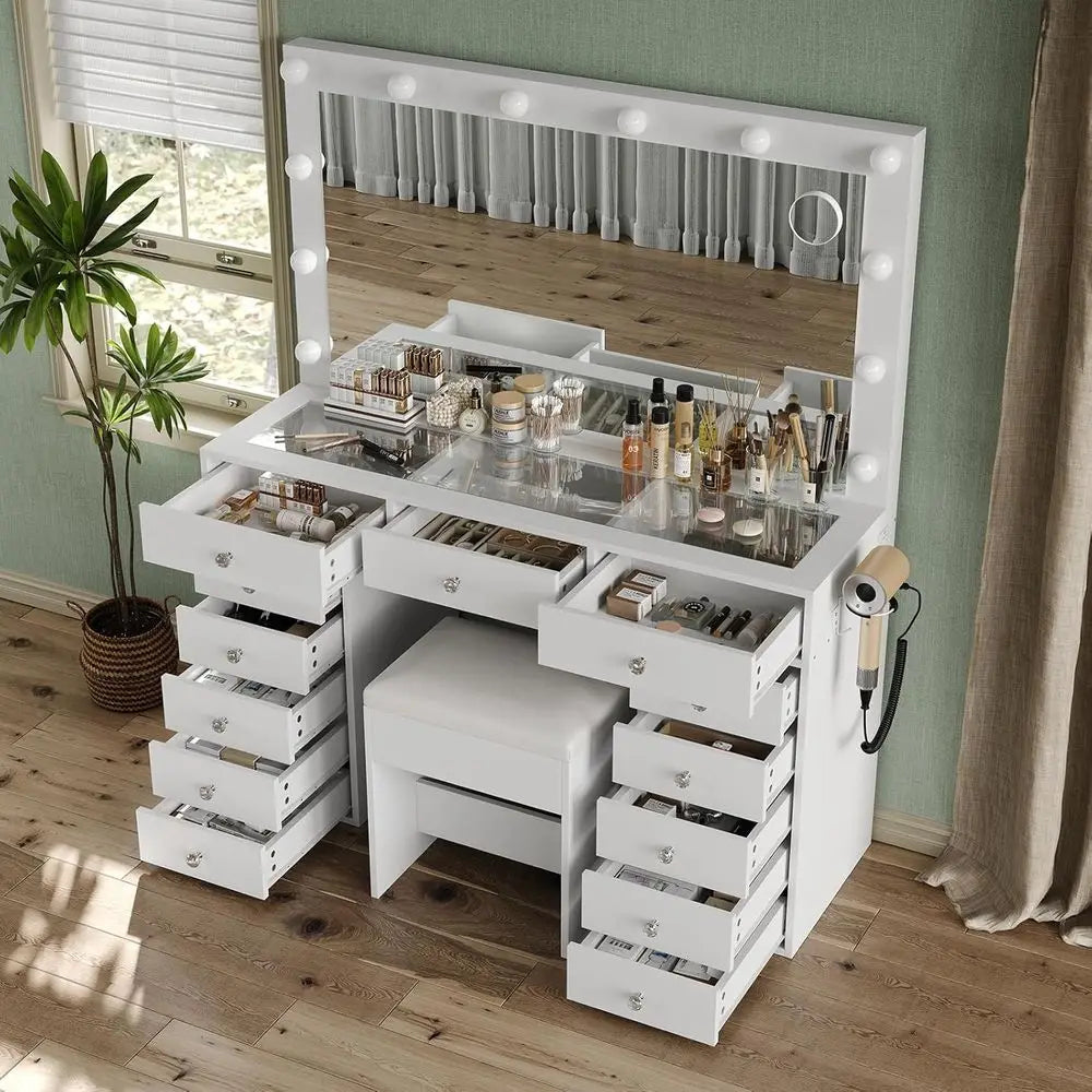 USOU 13 Ders Vanity Desk, 47''W Makeup Vanity with Power Outlet, Vanity Table with Mirror and 12 LED Bulbs, 3 Color Lighting es,