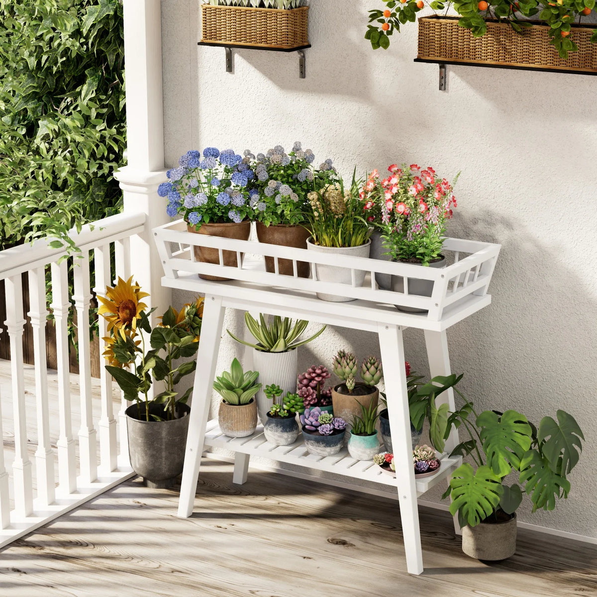 2 Tier Bamboo Plant Stand Garden Plant Shelf Flower Pot Holder for Balcony, Entryway Living Room, White