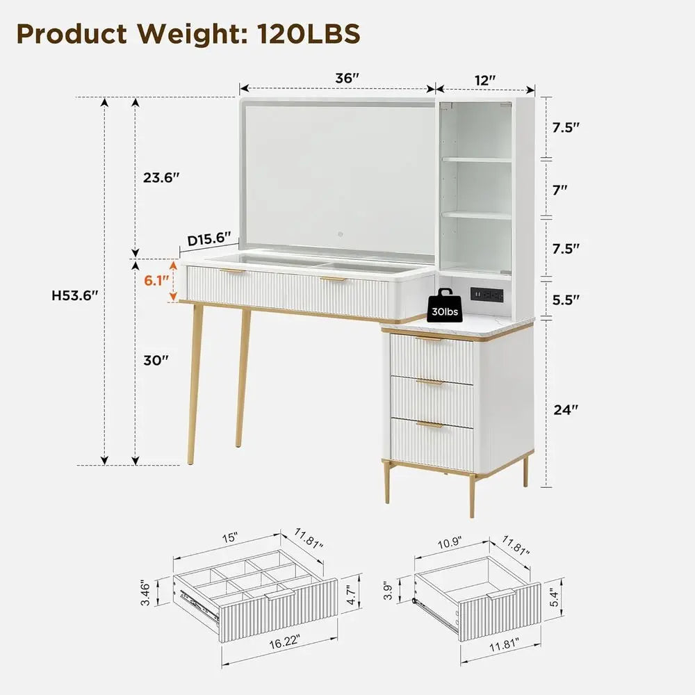 T4TREAM luted Makeup Vanity Desk with 36" HD Lighted Mirror, 48" Big ern Vanity Desk with Mirror and Lights, Dring Table with 5