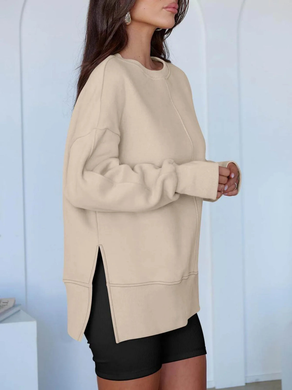 Women Crew Neck Long Sleeve Drop Shoulder Side Slit Loose Oversized Sweatshirt Casual Daily Going Out Top