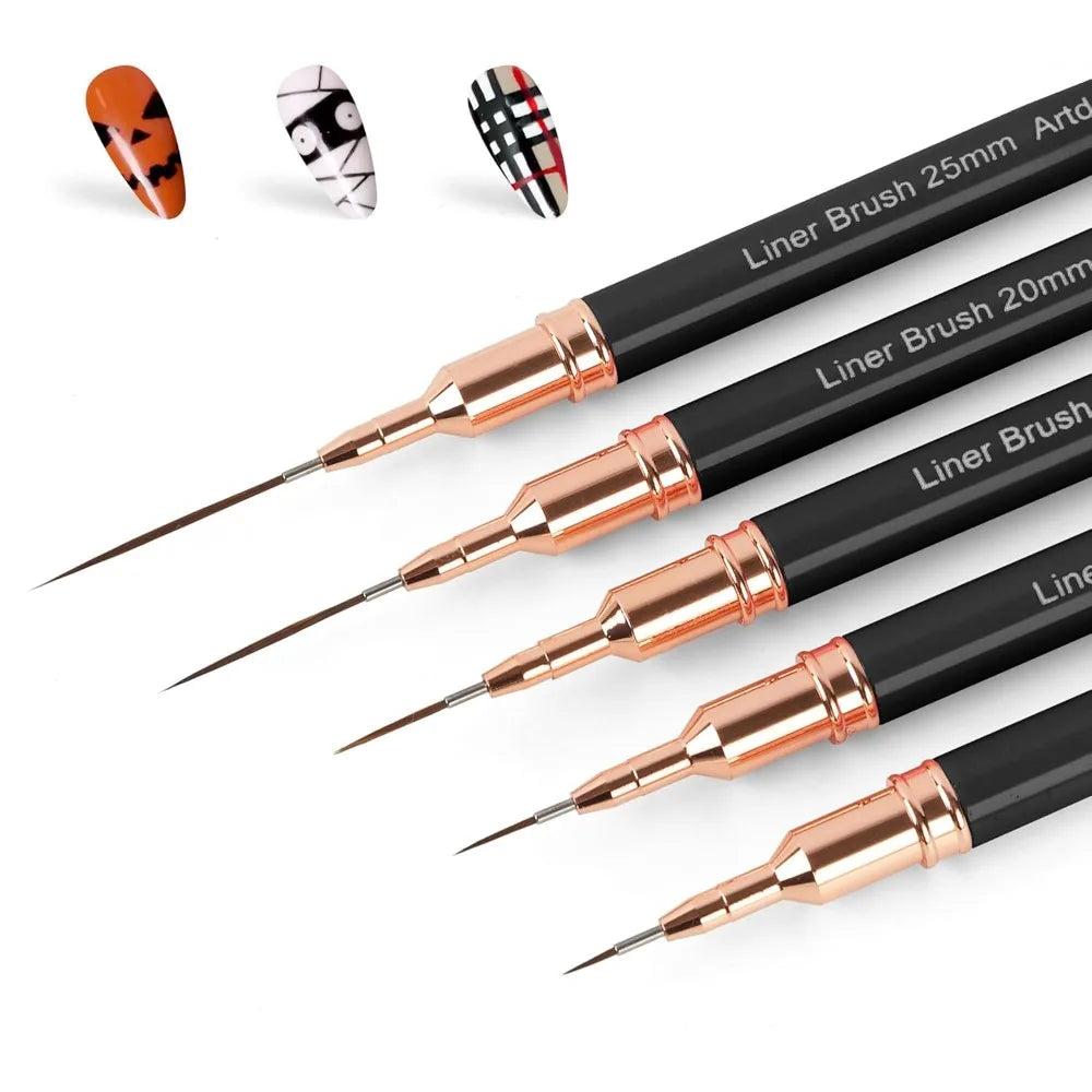 5PCS Nail Art Liner Brush Set Metallic Painting Pens for Long Lines Thin Details Fine Drawing UV Gel Polish Nail Design Tool Kit 5 8 12 20 25mm Sizes