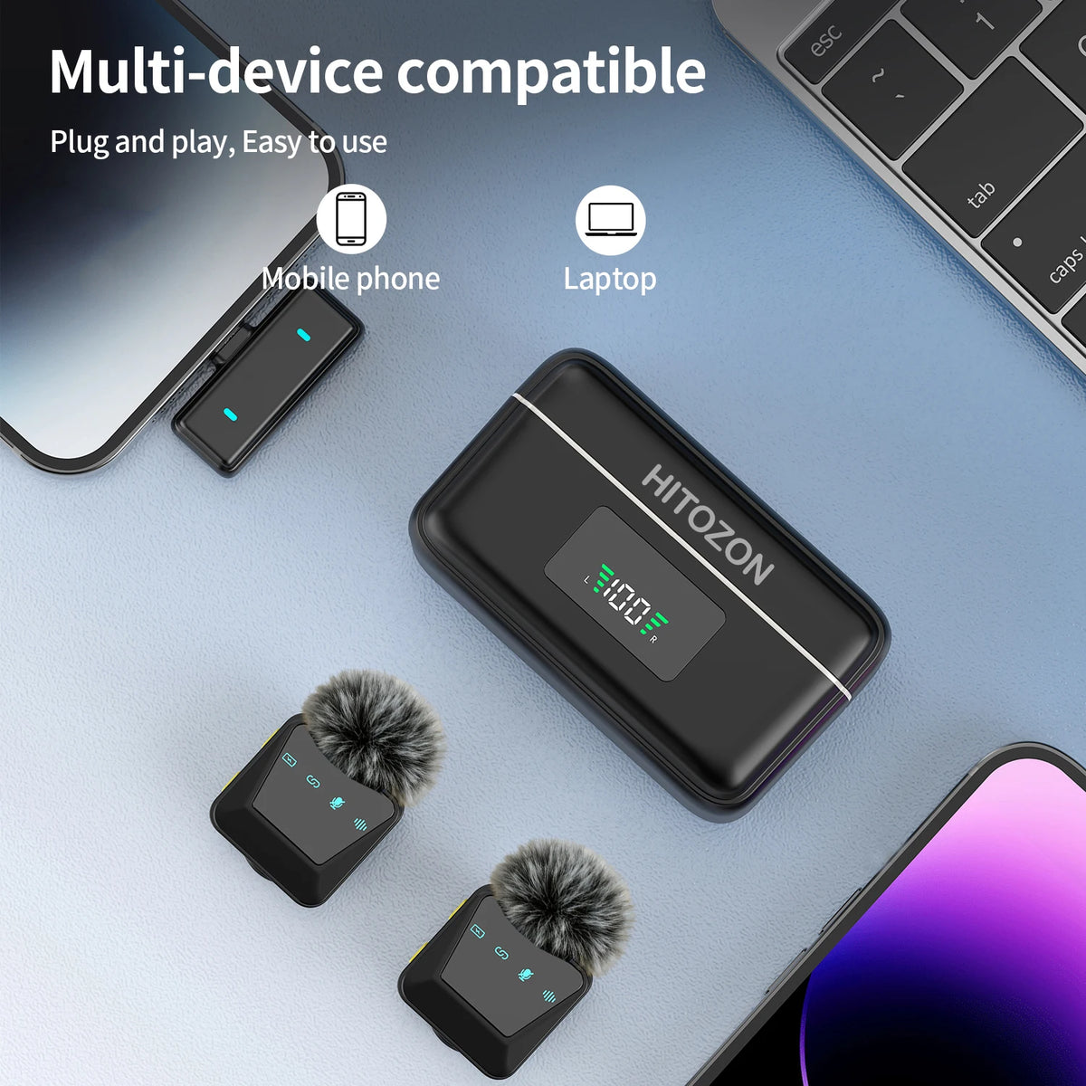 Wireless Lavalier Microphone with Charging Case, Long Battery Life, Windproof Ball, Intelligent Noise Reduction, Type-C