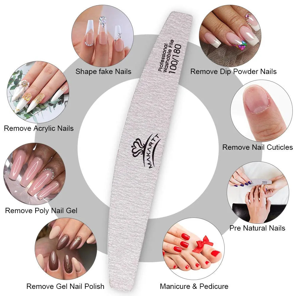 100Pcs Zebra Nail Files Set Makartt Washable Double-Side Emery Board 150/150,100/180 Grit Half Moon Nail Buffering Files