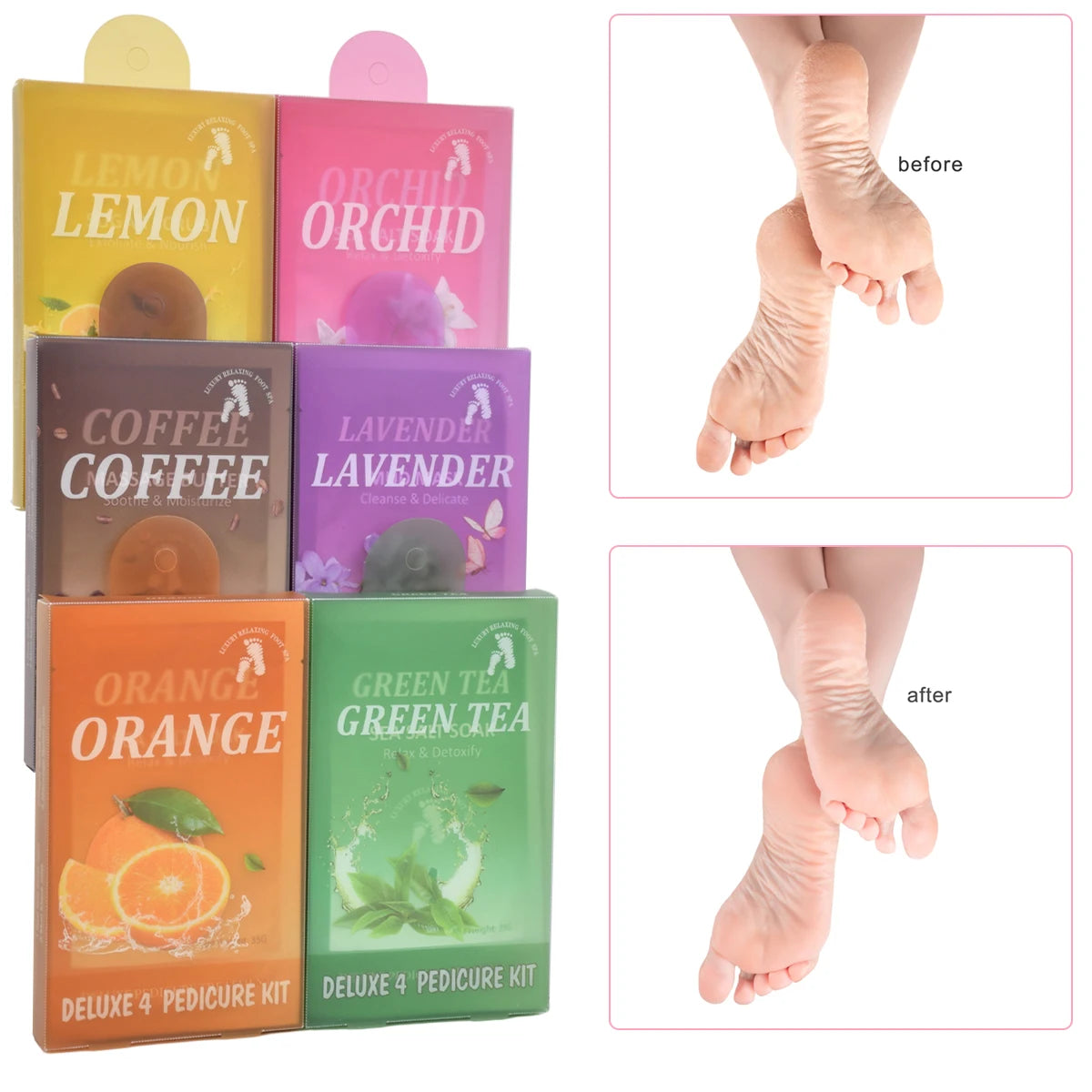 50Sets/Case FOOTNICE 4 Step Spa Pedicure Kit Foot Scrub Soak Herbal Spa Foot Peeling Skin Care 4 in 1 Deluxe Spa Pedicure Kit