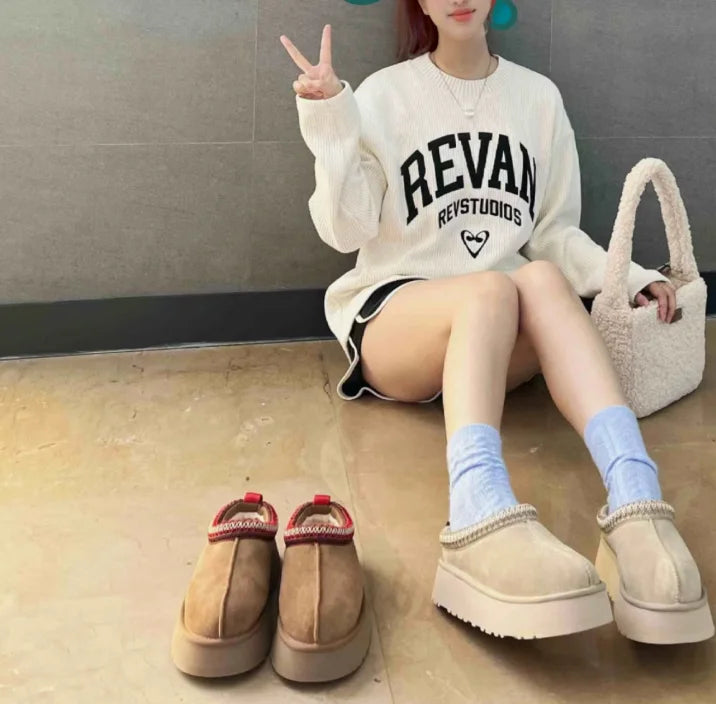 New Thick soled Snow Boots for Women in Winter 2026, Short Style Cashmere Warm Thick soled Heerless Shoes, Wool Half Slippers, Women's Cotton Shoes