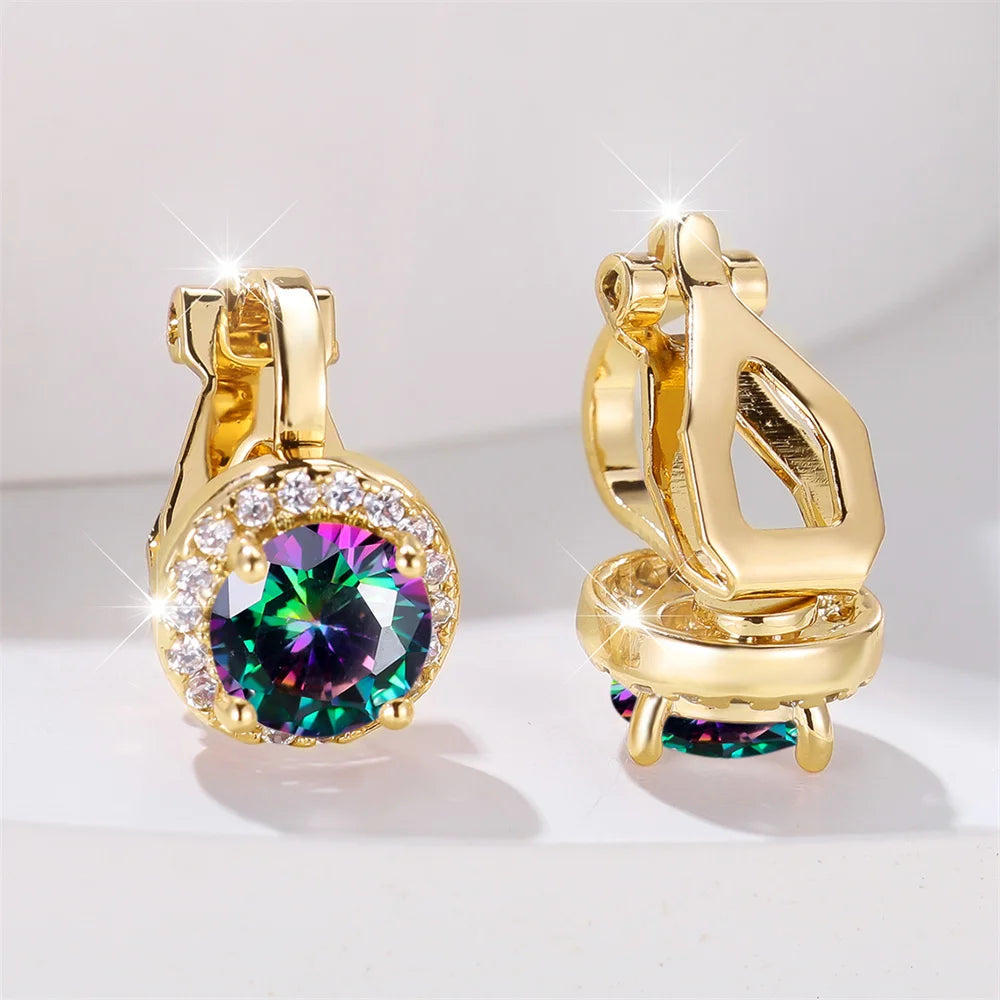 Mystic Rainbow Crystal Round Stone Clip Earrings For Women Rose Gold Silver Color Multicolor Zircon Jewelry Simple Fashion Gifts