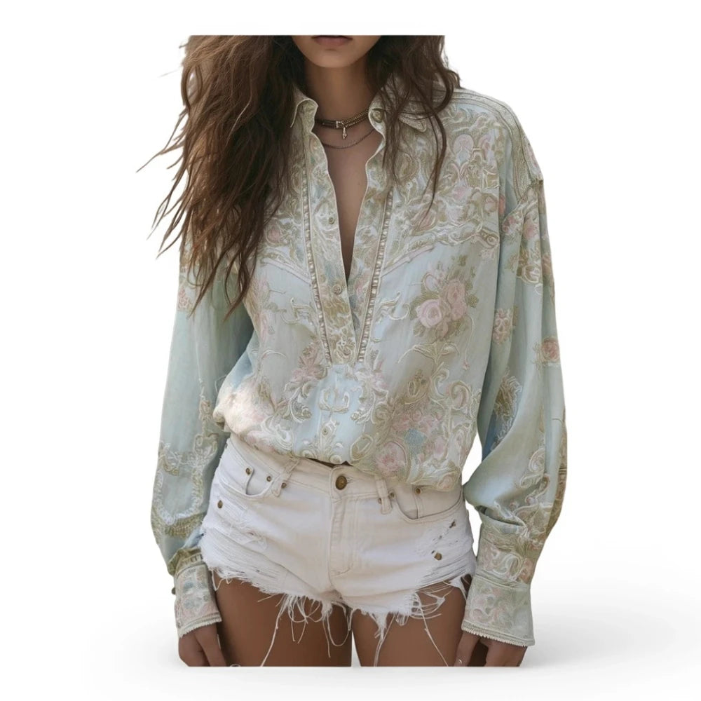Women Lapel Collar Long Sleeve Loose‑Fit Floral Print Shirt Casual V Neck Pullover Top For Daily Outdoor Vacation Street‑Wear 
Wendy~