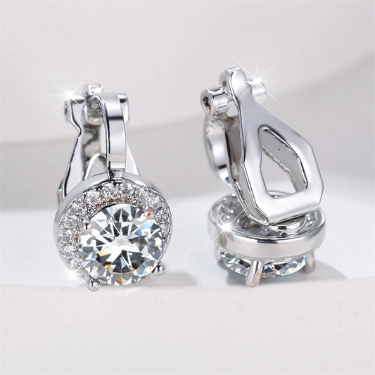 Mystic Rainbow Crystal Round Stone Clip Earrings For Women Rose Gold Silver Color Multicolor Zircon Jewelry Simple Fashion Gifts