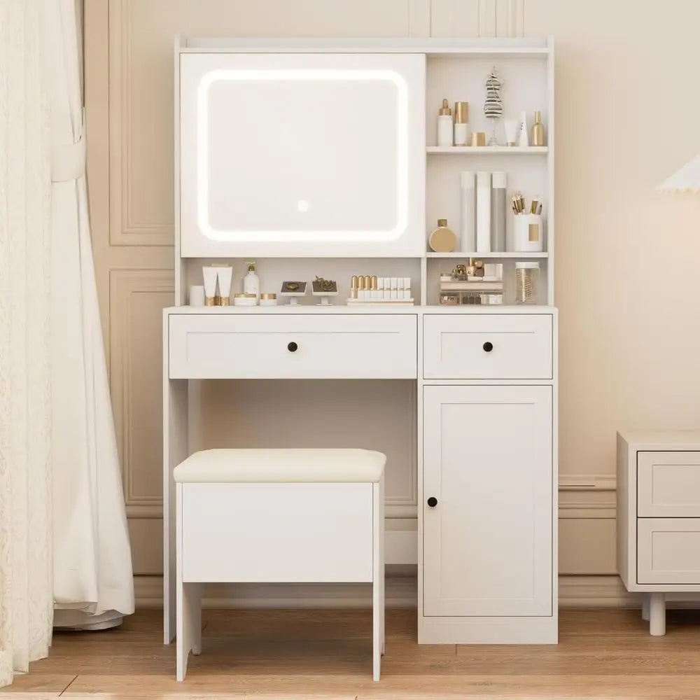 Vanity Table with Hidden Storage & LED Mirror - Includes Padded Stool, 5 Comparents, 2 Ders & 1 Storage Cabinet - Ideal Bedroom