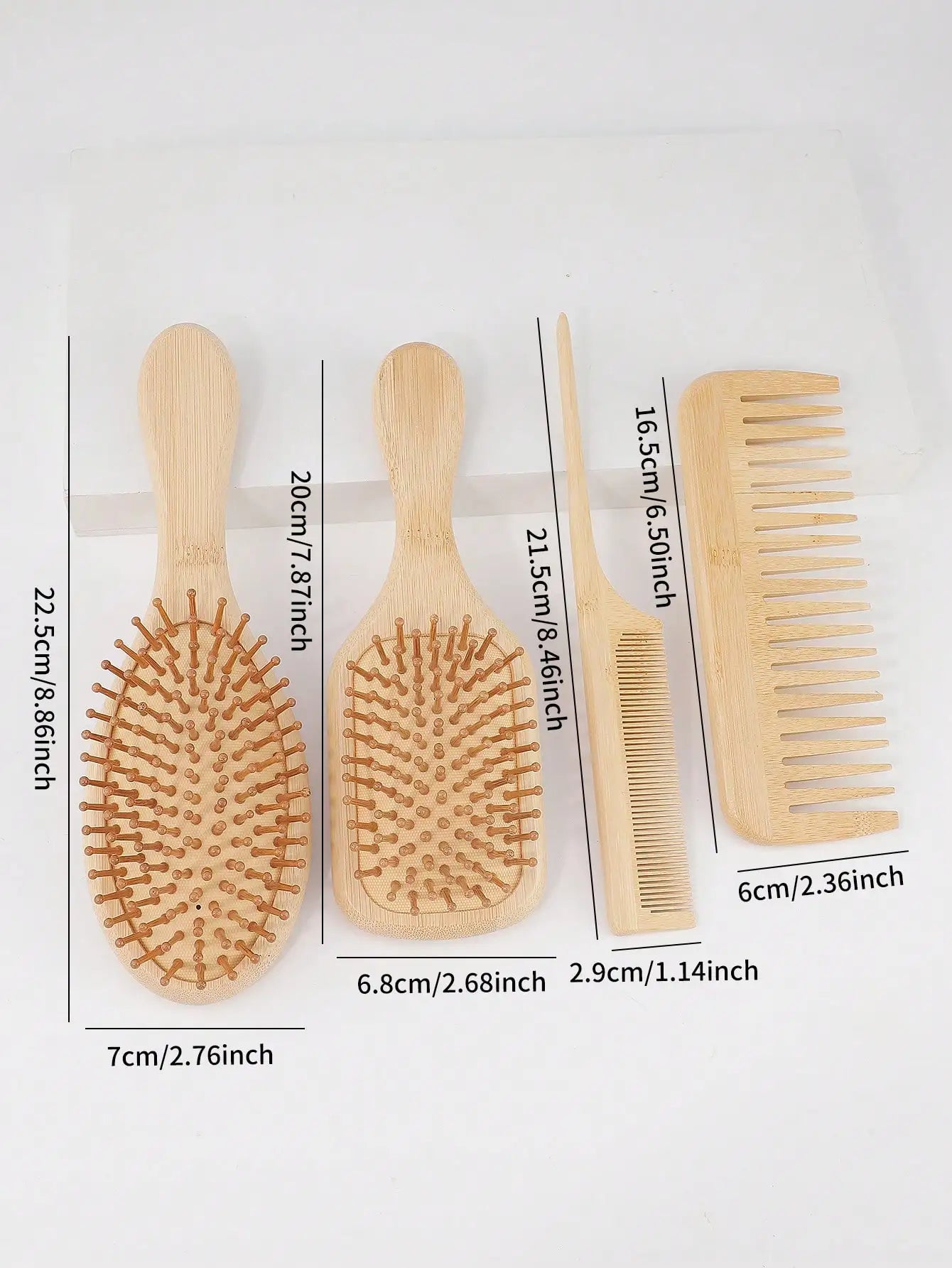 4-Piece Bamboo Hairbrush and Comb Set—Natural Wood & Bamboo Hairbrushes, Promotes Hair Growth, Suitable for All Hair Types