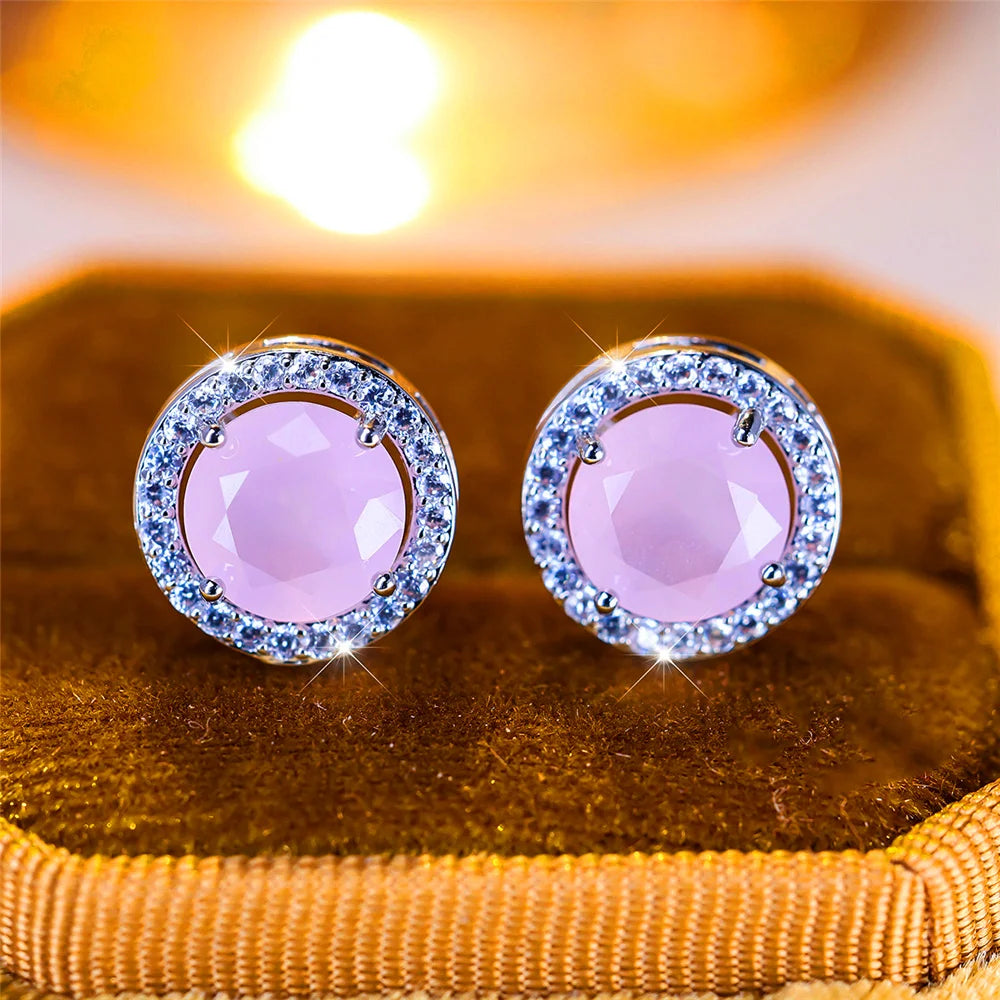 Luxury Female Crystal Purple Blue Green Round Stud Earrings Silver Color Wedding Jewelry For Women