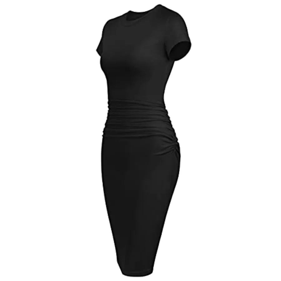 Women's Bodycon Ruched Short Sleeve T Shirt Midi Sundress Fitted Casual Dress