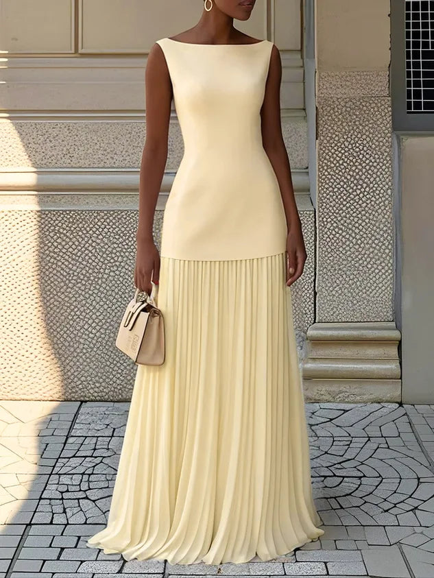 Cosplay Sexy Hollow Knit Dress Women Elegant Long Sleeveless Tank Dress Solid Splice Pleated Boho Slim Slash Neck Female Set