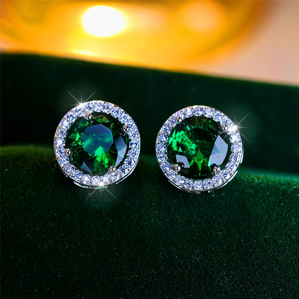 Luxury Female Crystal Purple Blue Green Round Stud Earrings Silver Color Wedding Jewelry For Women