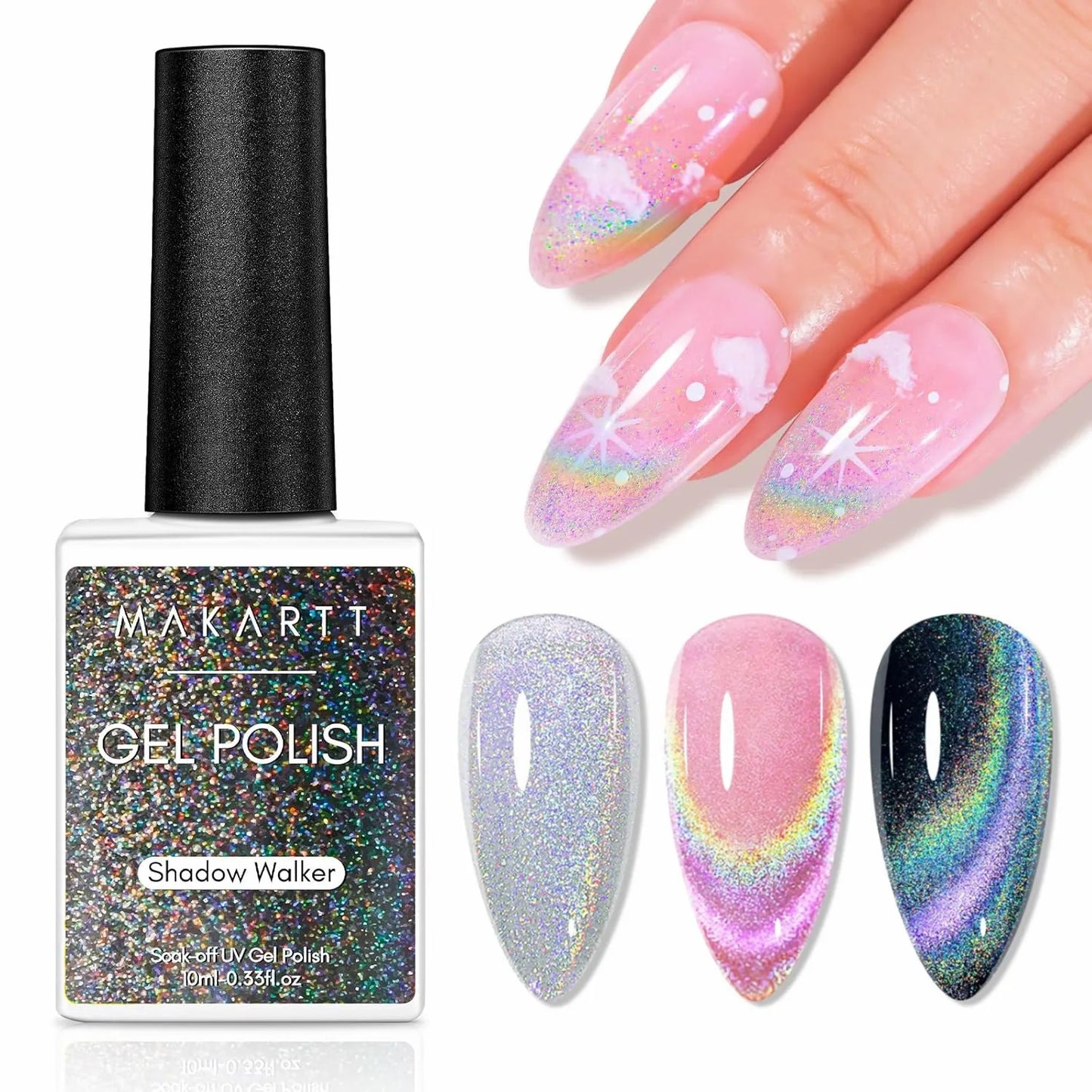 Rainbow Cat Eye Gel Polish - 10ml Holographic 9D Cat Eye with Magnetic Stick for a Glittery Iridescent Galaxy Effect Soak Off UV