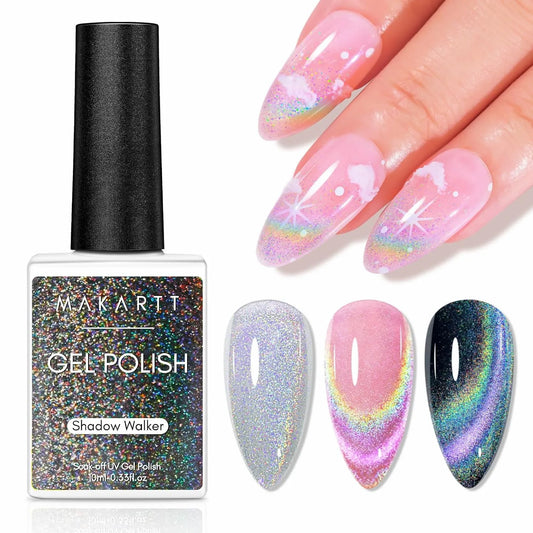 Rainbow Cat Eye Gel Polish - 10ml Holographic 9D Cat Eye with Magnetic Stick for a Glittery Iridescent Galaxy Effect Soak Off UV