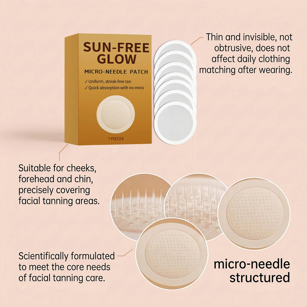 Sun-Free Glow Micro-Needle Patch 7 Pcs – Self-Tanning Tanning Patch for Natural Golden Glow Uniform Streak-Free Tan Sticker Body