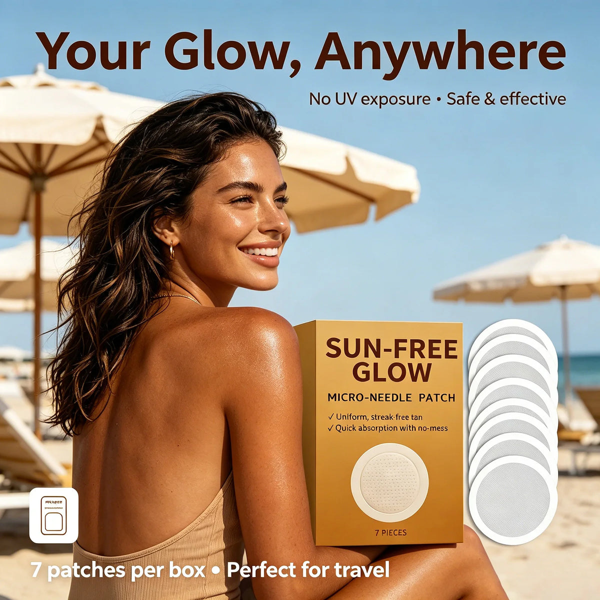 Sun-Free Glow Micro-Needle Patch 7 Pcs – Self-Tanning Tanning Patch for Natural Golden Glow Uniform Streak-Free Tan Sticker Body