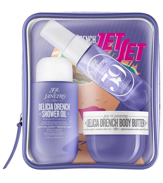 Sol de Janeiro Delícia Drench 3-Piece Body Care Gift Set - Body Butter, Shower Oil & Cheirosa 59 Mist with Purple Pouch