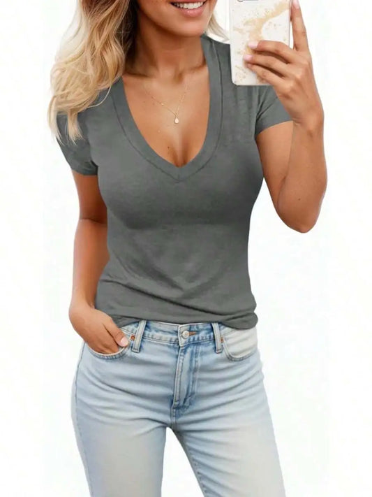 Womens Summer Sexy Short Sleeve Tshirt Tops Deep V Neck Shirts Casual Slim Fit Basic T-Shirt Tee